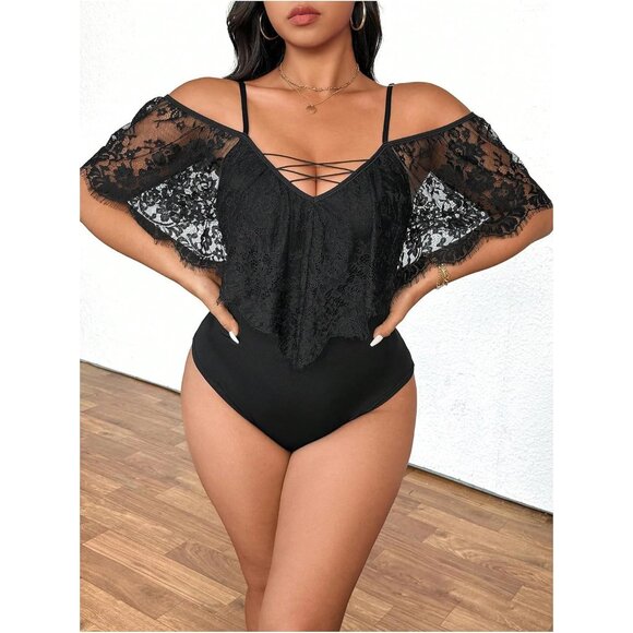 Plus Size Sheer Lace Bodysuit with Cold Shoulder and Deep V Neck - X-Large - Picture 2 of 5